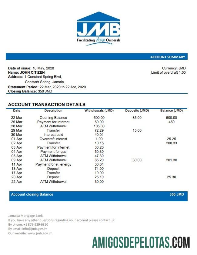 Jamaica Mortgage modelo de extrato bancário
